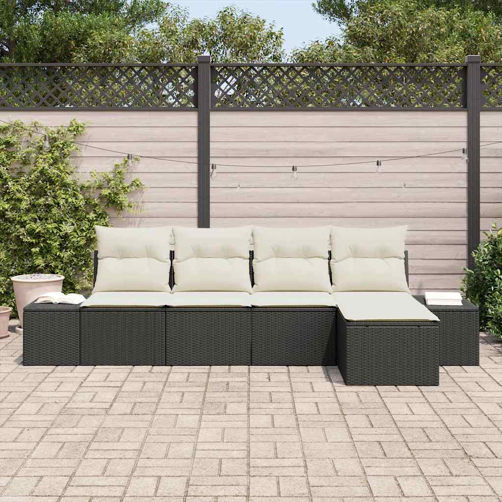 Sofa Set mit Kissen 5 pcs Schwarz Poly Rattan