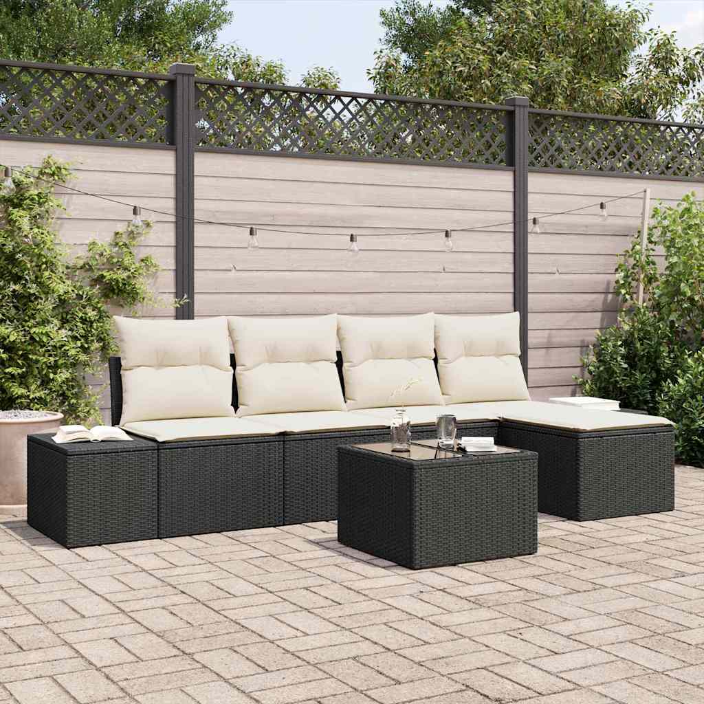 Sofa Set mit Kissen 6 pcs Schwarz Poly Rattan