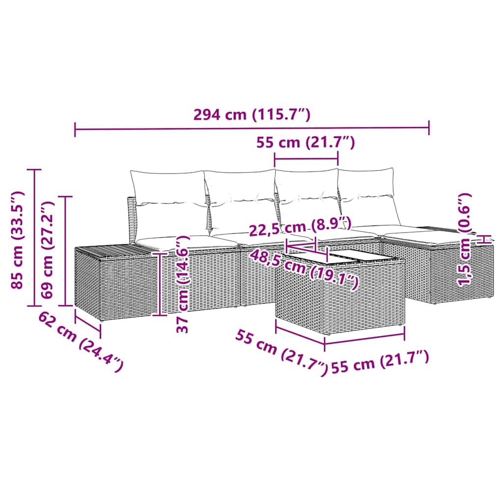 Sofa Set mit Kissen 6 pcs Schwarz Poly Rattan