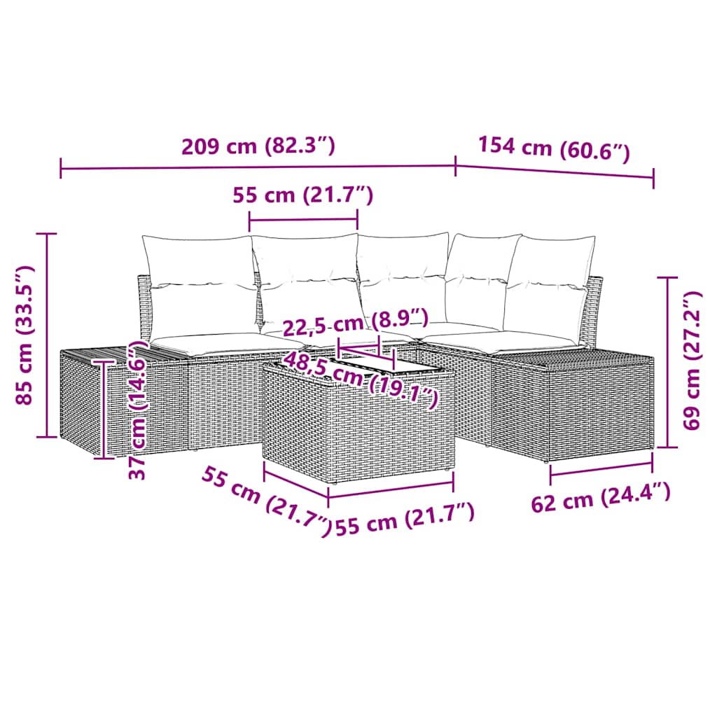 Garten-Sofa-Set 5 pcs Grau Poly Rattan