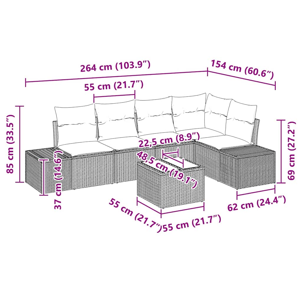 Gartensofa-set 6 pcs Schwarz Poly-Rattan