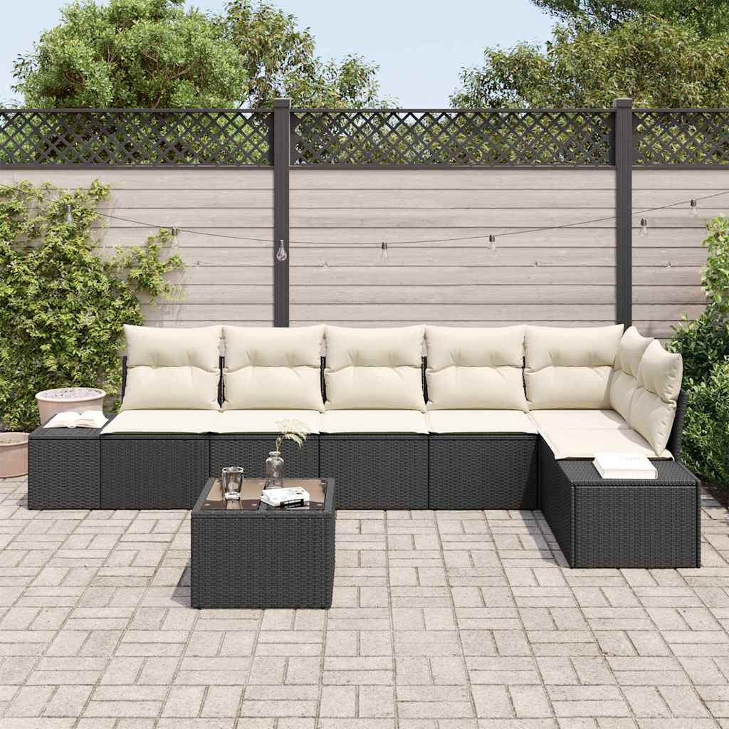 Gartensofa-set mit Kissen 7 pcs Schwarz und Creme Poly-Rattan