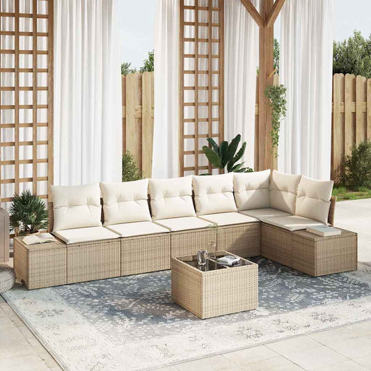 Gartensofa-set mit Kissen 7 pcs Beige und Creme Poly-Rattan