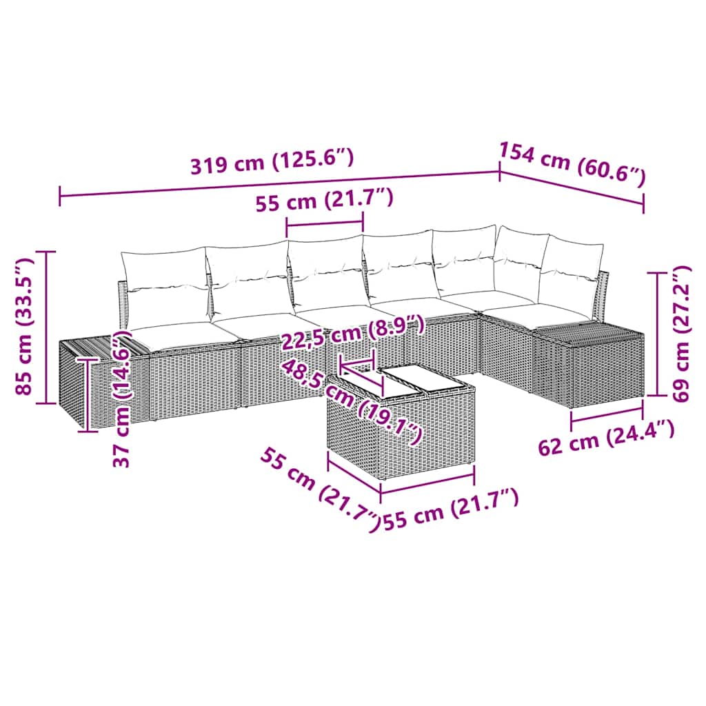 Gartensofa-set mit Kissen 7 pcs Beige und Creme Poly-Rattan