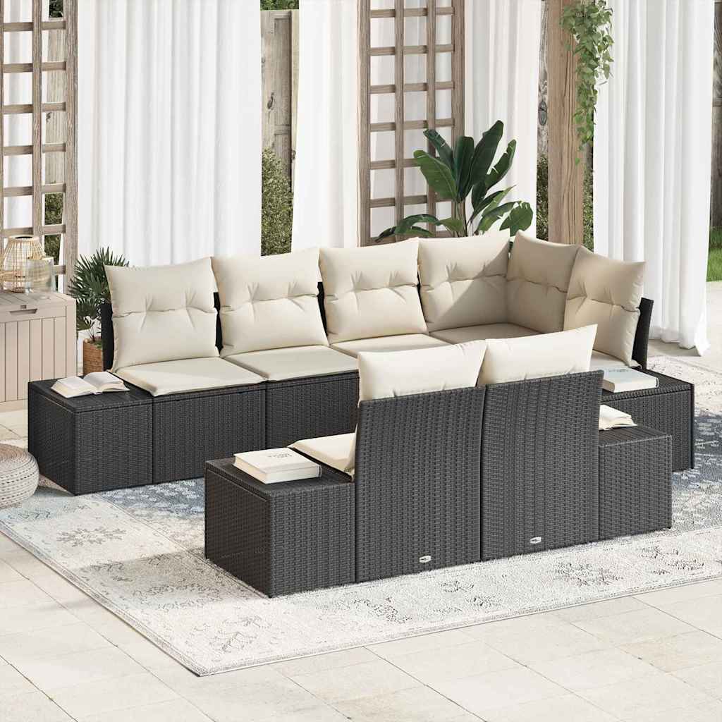 Gartensofa-set mit Kissen 7 pcs Schwarz und Creme Poly-Rattan