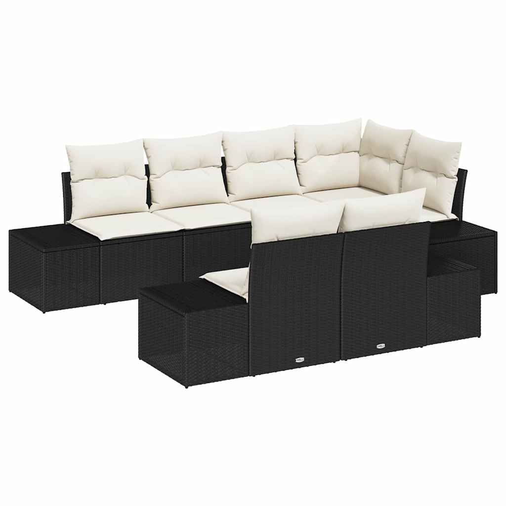 Gartensofa-set mit Kissen 7 pcs Schwarz und Creme Poly-Rattan