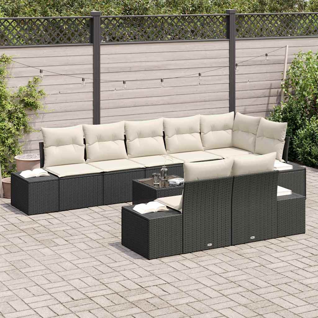 Gartensofa-set mit Kissen 9 pcs Schwarz und Creme Poly-Rattan