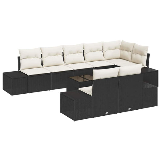 Gartensofa-set mit Kissen 9 pcs Schwarz und Creme Poly-Rattan