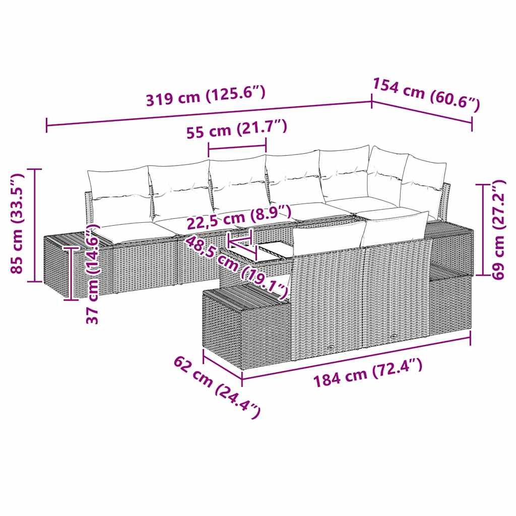 Garten-Sofa-Set mit Kissen 9 pcs Grau Poly Rattan