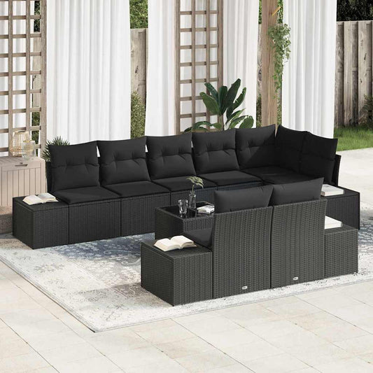 Garten-Sofa-Set mit Kissen 9 pcs Schwarz Poly Rattan