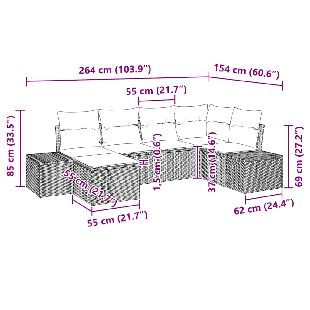 Garten-Sofa-Set mit Kissen 6 pcs Grau Poly Rattan