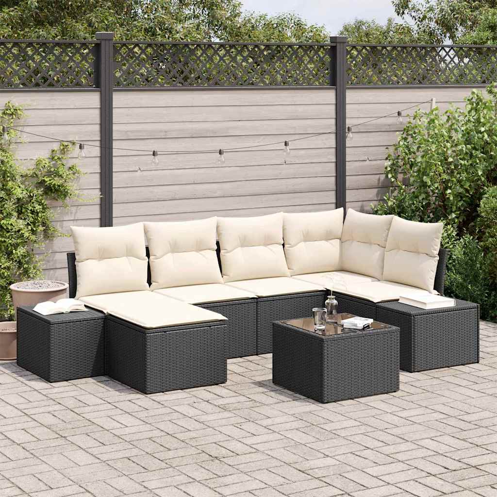 Gartensofa-set mit Kissen 7 pcs Schwarz und Creme Poly-Rattan