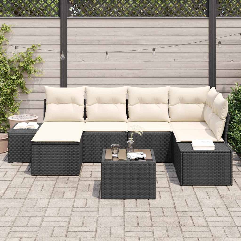 Gartensofa-set mit Kissen 7 pcs Schwarz und Creme Poly-Rattan