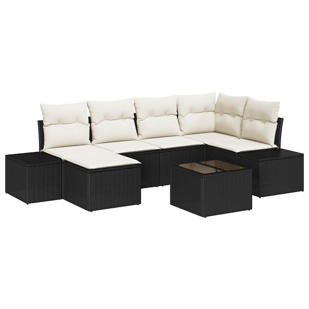 Gartensofa-set mit Kissen 7 pcs Schwarz und Creme Poly-Rattan