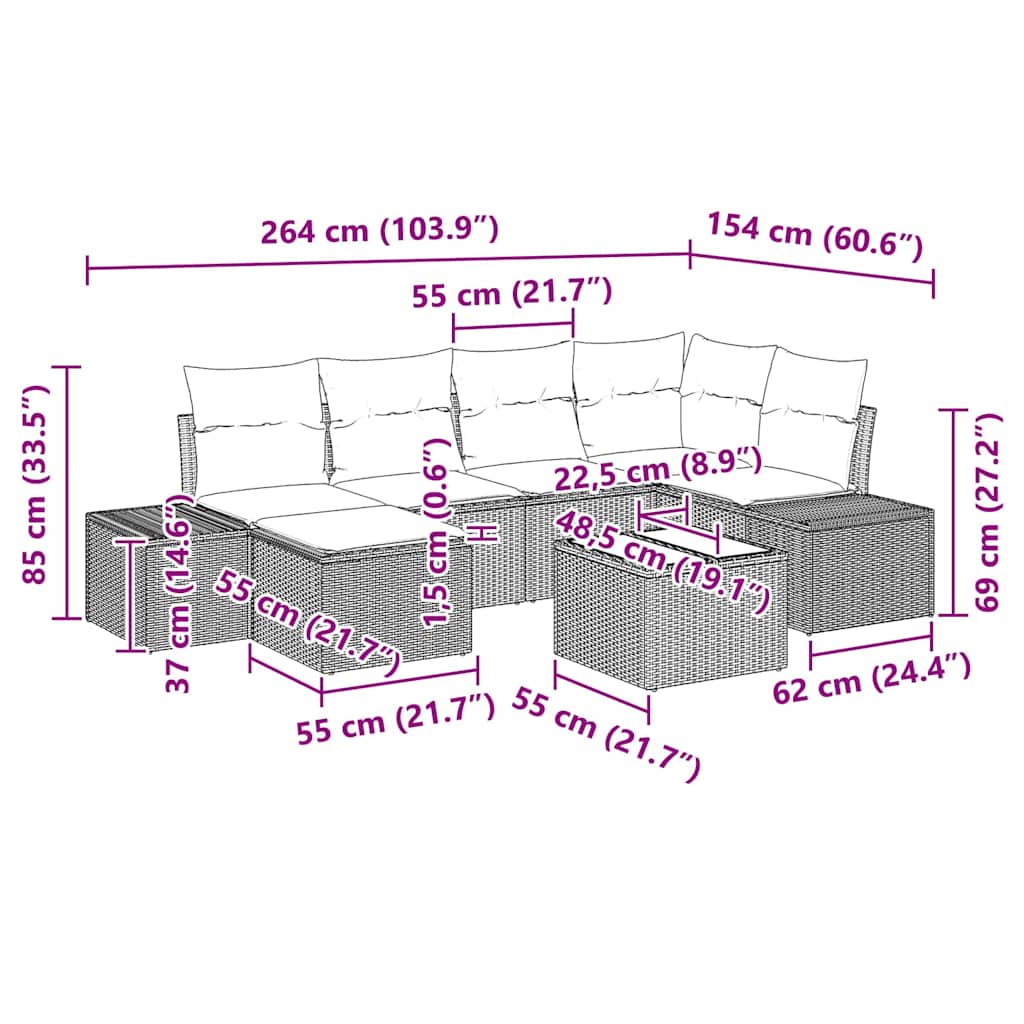 Garten-Sofa-Set mit Kissen 7 pcs Grau Poly Rattan