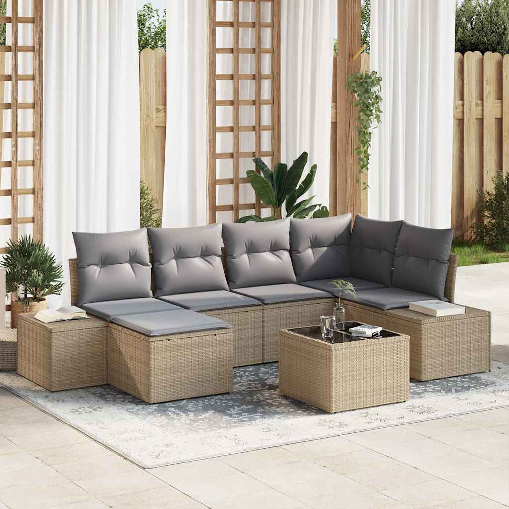 Garten-Sofa-Set mit Kissen 7 pcs Beige, grau Poly Rattan