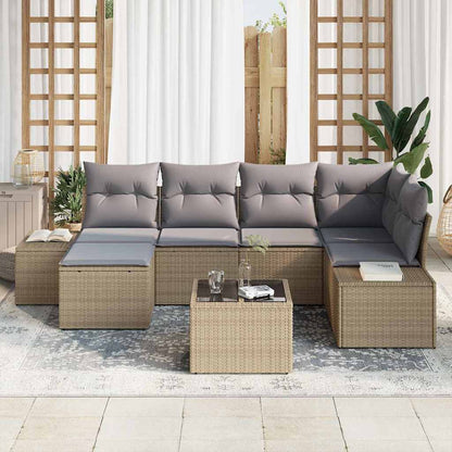 Garten-Sofa-Set mit Kissen 7 pcs Beige und Grau Poly Rattan