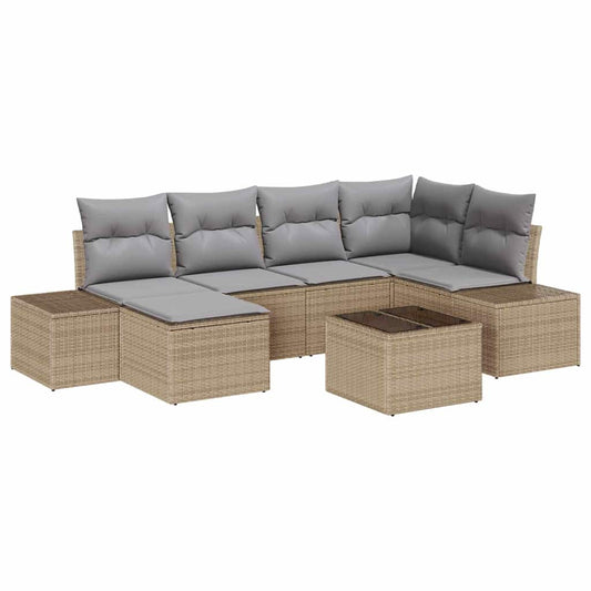 Garten-Sofa-Set mit Kissen 7 pcs Beige, grau Poly Rattan