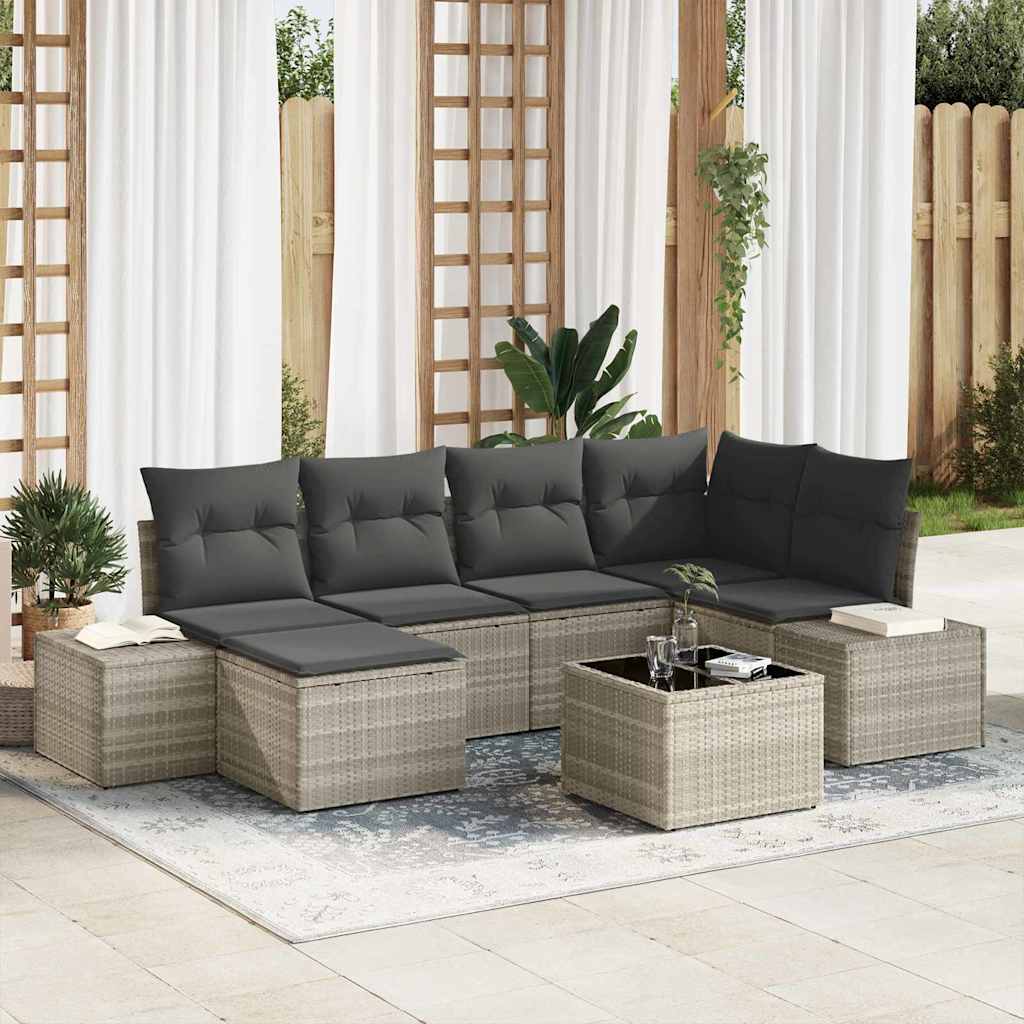 Garten-Sofa-Set mit Kissen 7 pcs Hellgrau Poly Rattan