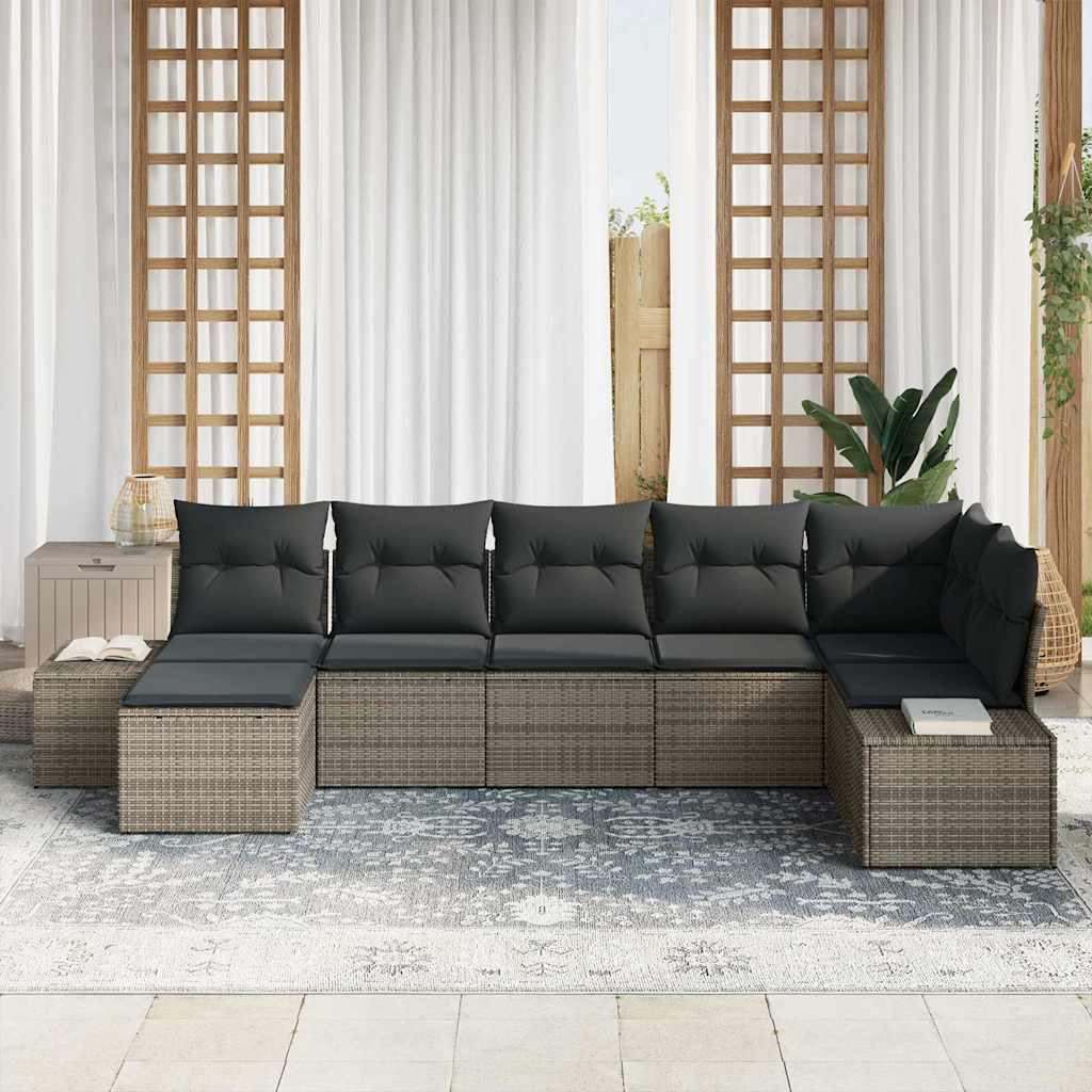 Garten-Sofa-Set mit Kissen 7 pcs Grau Poly Rattan