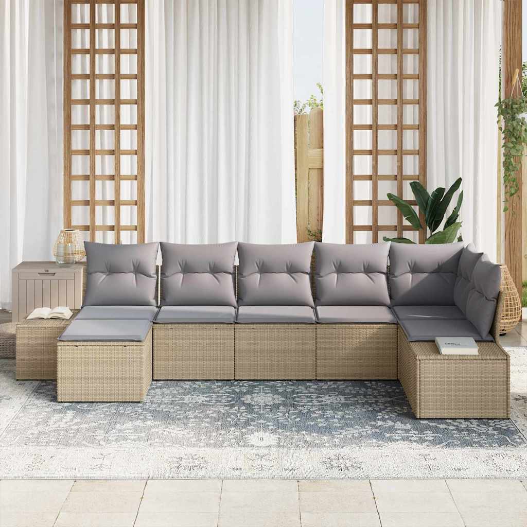 Garten-Sofa-Set mit Kissen 7 pcs Beige Poly Rattan
