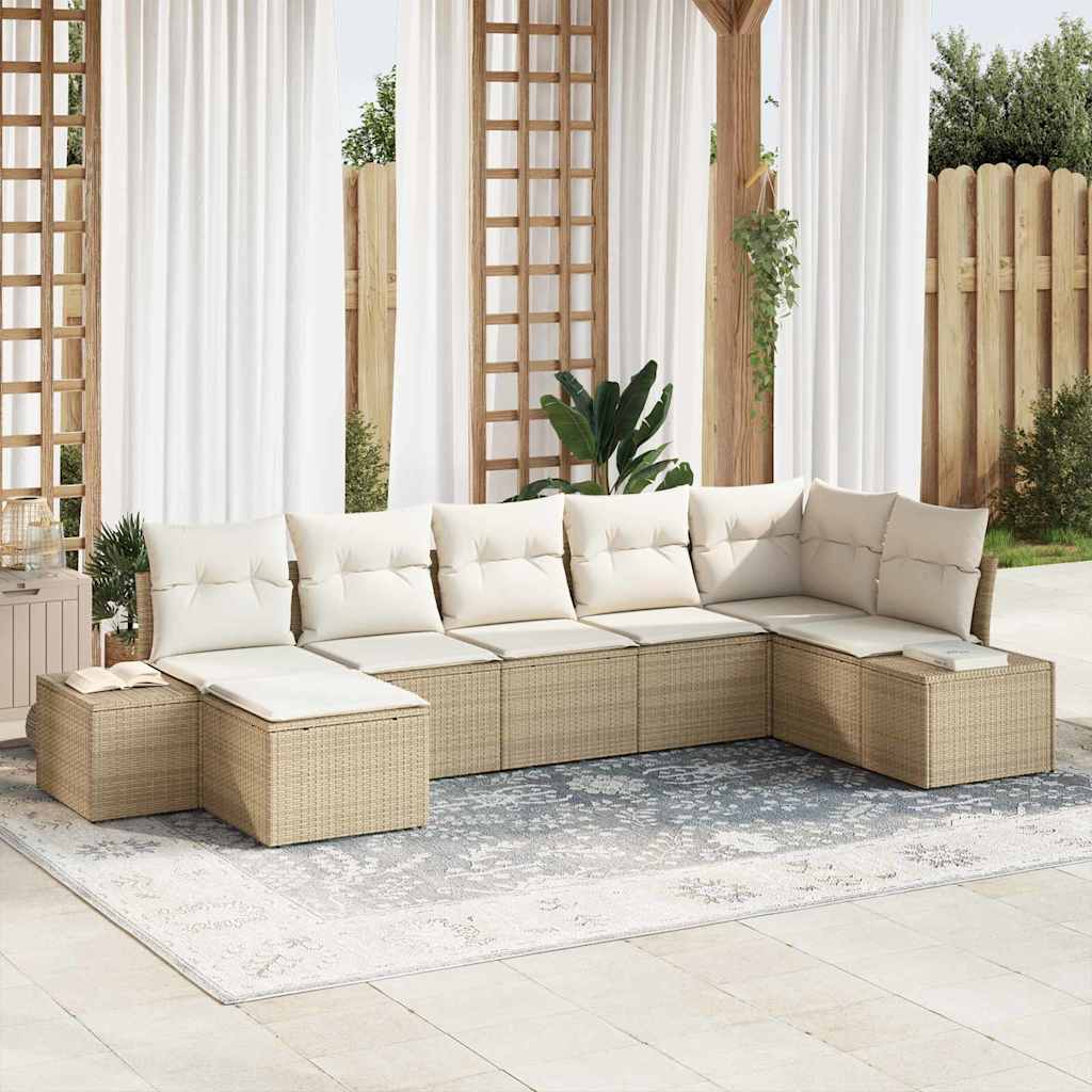 Gartensofa-set mit Kissen 7 pcs Beige Poly-Rattan