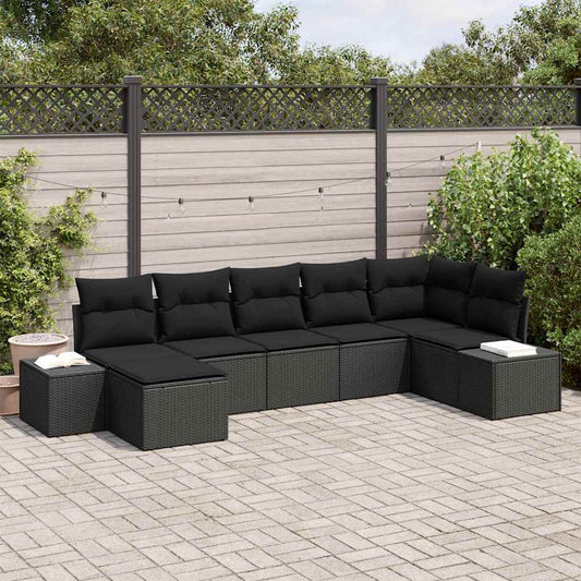 Garten-Sofa-Set mit Kissen 7 pcs Schwarz Poly Rattan