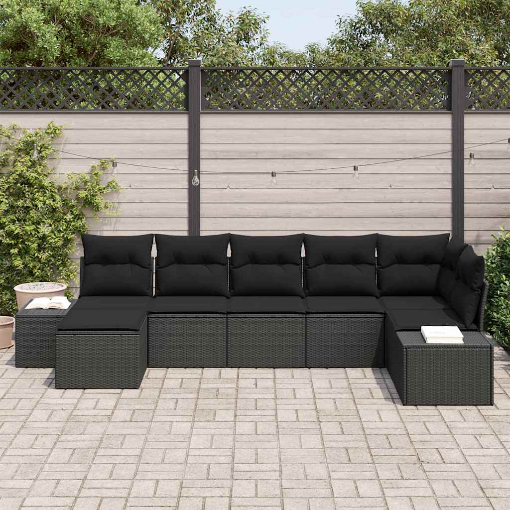 Garten-Sofa-Set mit Kissen 7 pcs Schwarz Poly Rattan