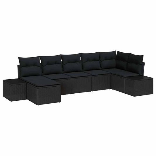 Garten-Sofa-Set mit Kissen 7 pcs Schwarz Poly Rattan