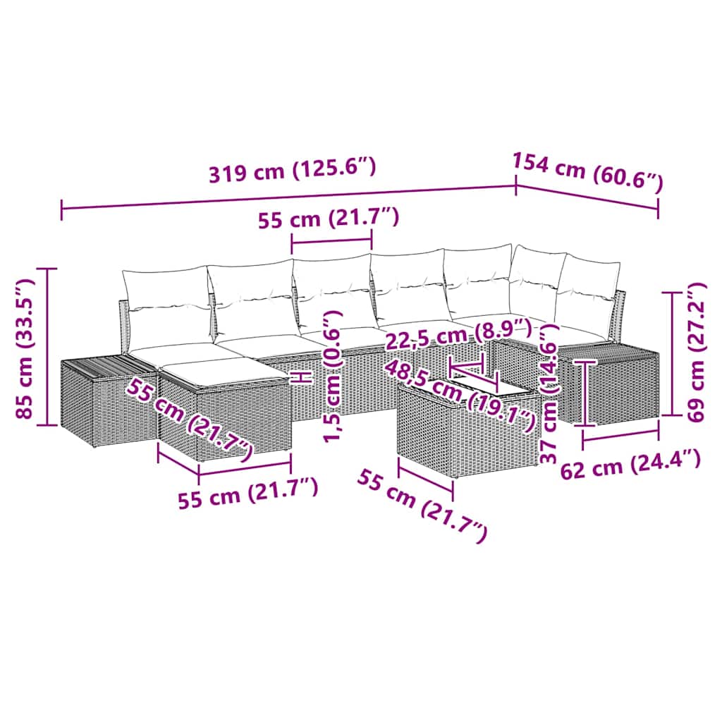 Gartensofa-set mit Kissen 8 pcs Schwarz Poly-Rattan