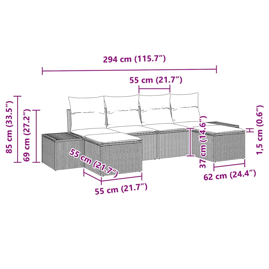Garten-Sofa-Set mit Kissen 6 pcs Grau Poly Rattan