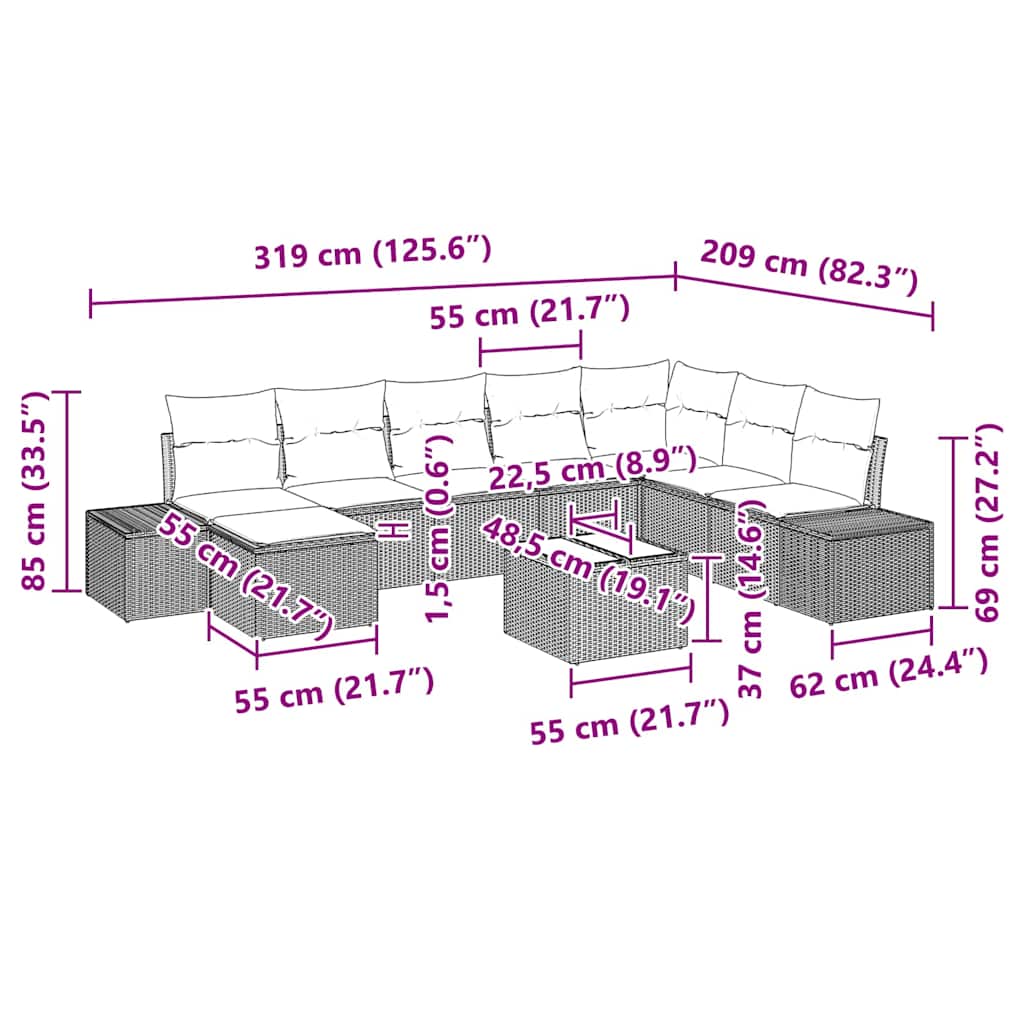Garten-Sofa-Set mit Kissen 9 pcs 319 x 209 x 85 cm Poly Rattan