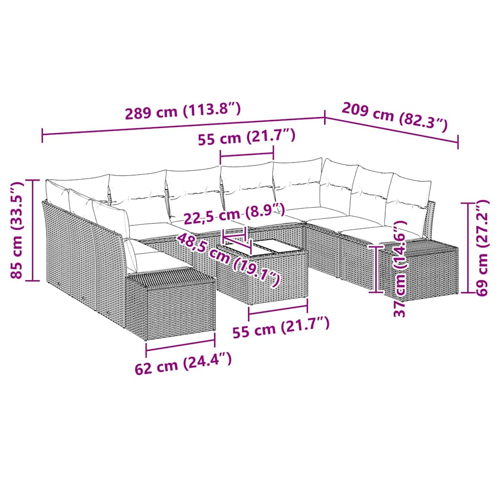 Gartensofa-set mit Kissen 10 pcs Schwarz Poly-Rattan