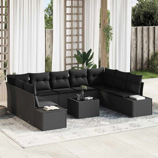 Garten-Sofa-Set mit Kissen 10 pcs Schwarz Poly Rattan