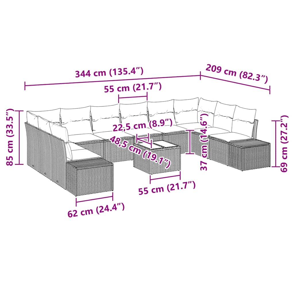 Garten-Sofa-Set mit Kissen 11 pcs Grau Poly Rattan