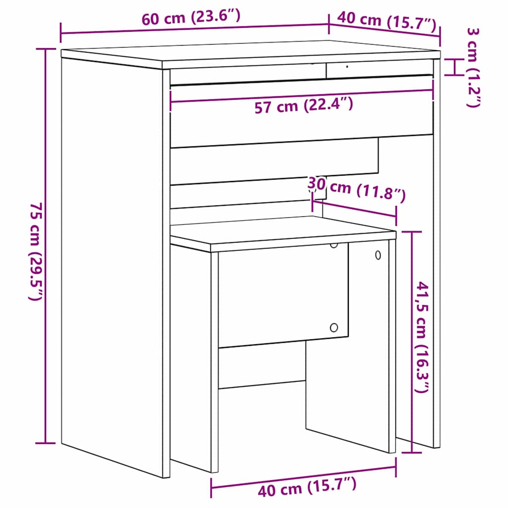 Schminktisch Eiche handwerklich 60 x 40 x 75 cm Holzwerkstoff