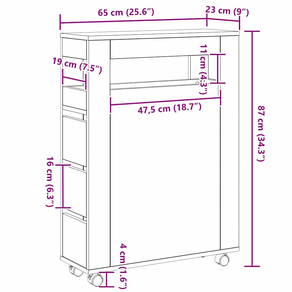 Schmaler Badezimmer-Schrank Schwarze Eiche 65 x 23 x 87 cm