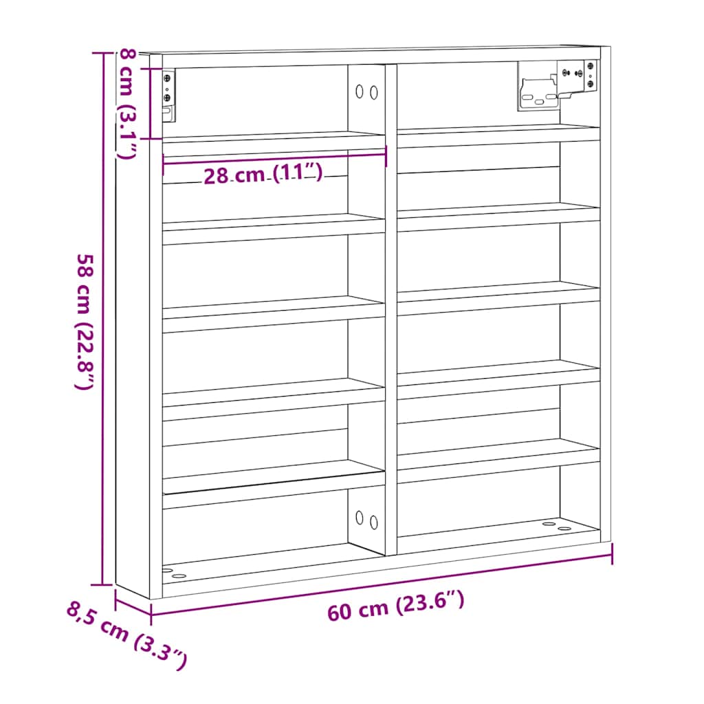 Vitrinenschrank Schwarze Eiche 60 x 8.5 x 58 cm Holzwerkstoff