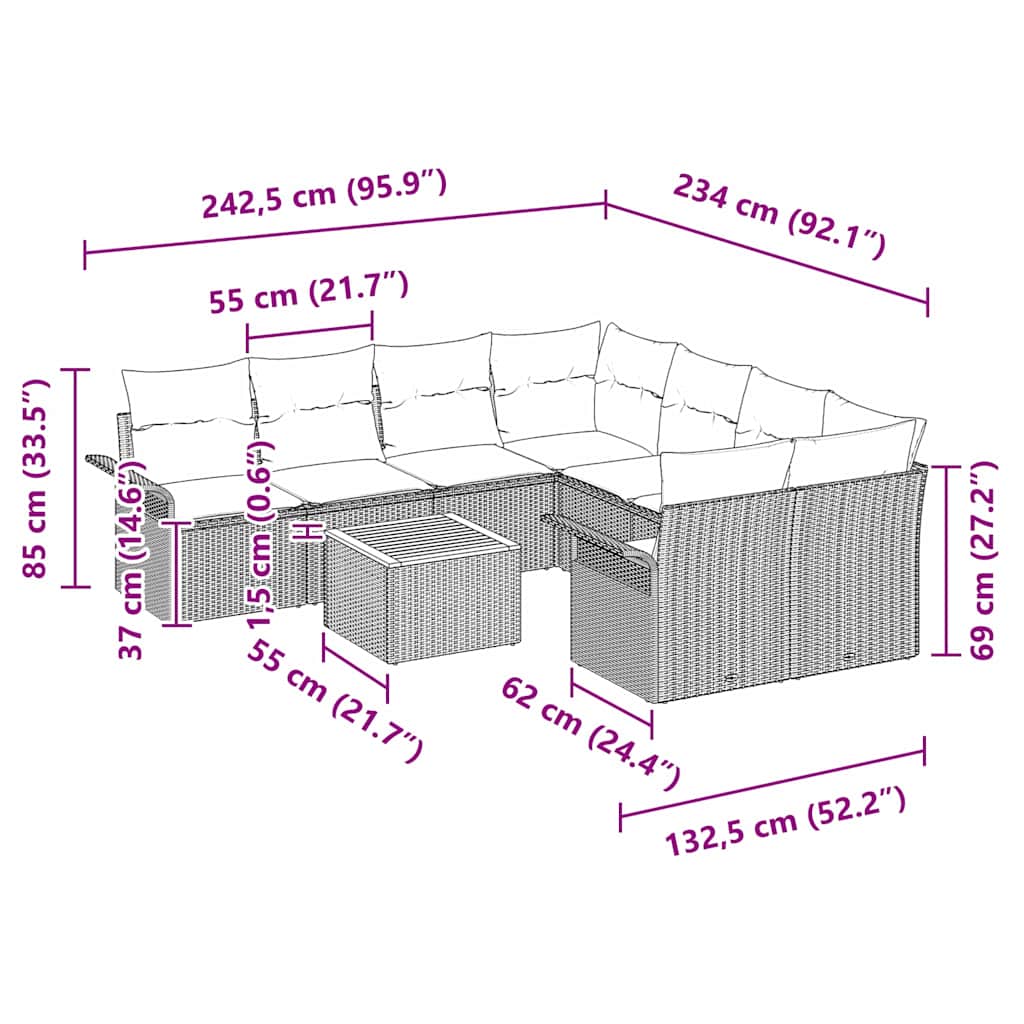 Garten-Sofa-Set 9 pcs Schwarz Poly Rattan