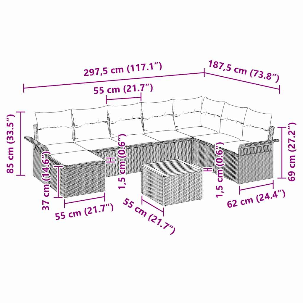 Garten-Sofa-Set 9 pcs Grau Poly Rattan