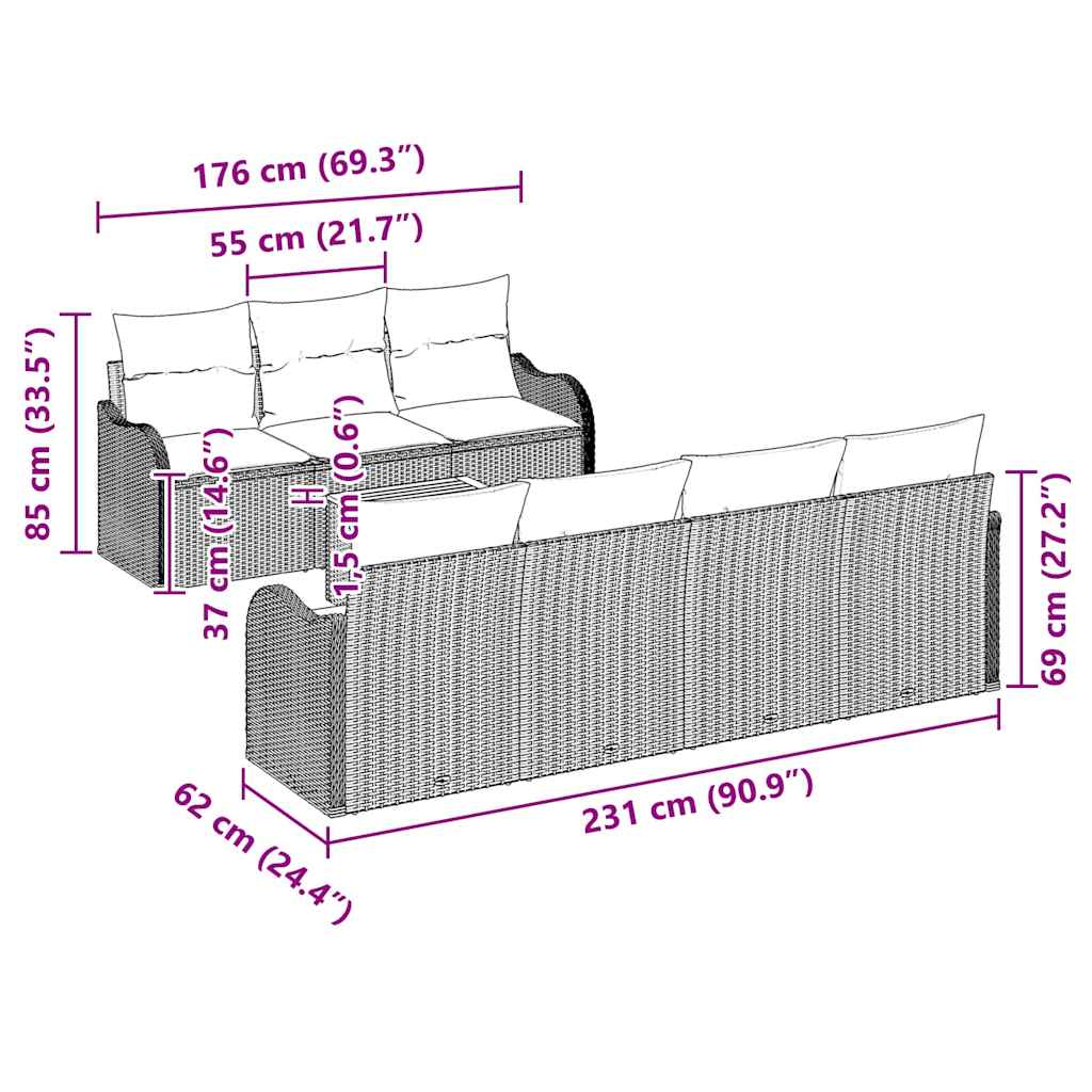 Garten-Sofa-Set 8 pcs Schwarz Poly Rattan