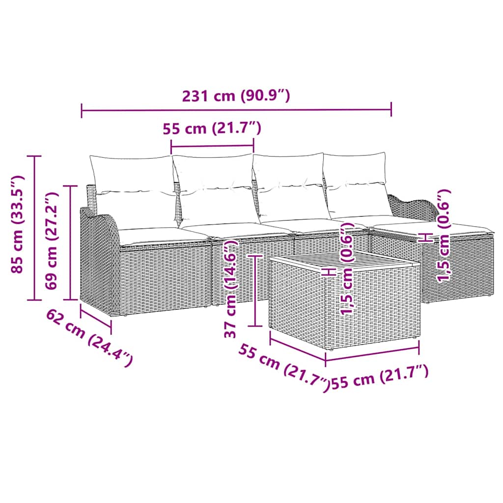 Garten-Sofa-Set 6 pcs Grau Poly Rattan