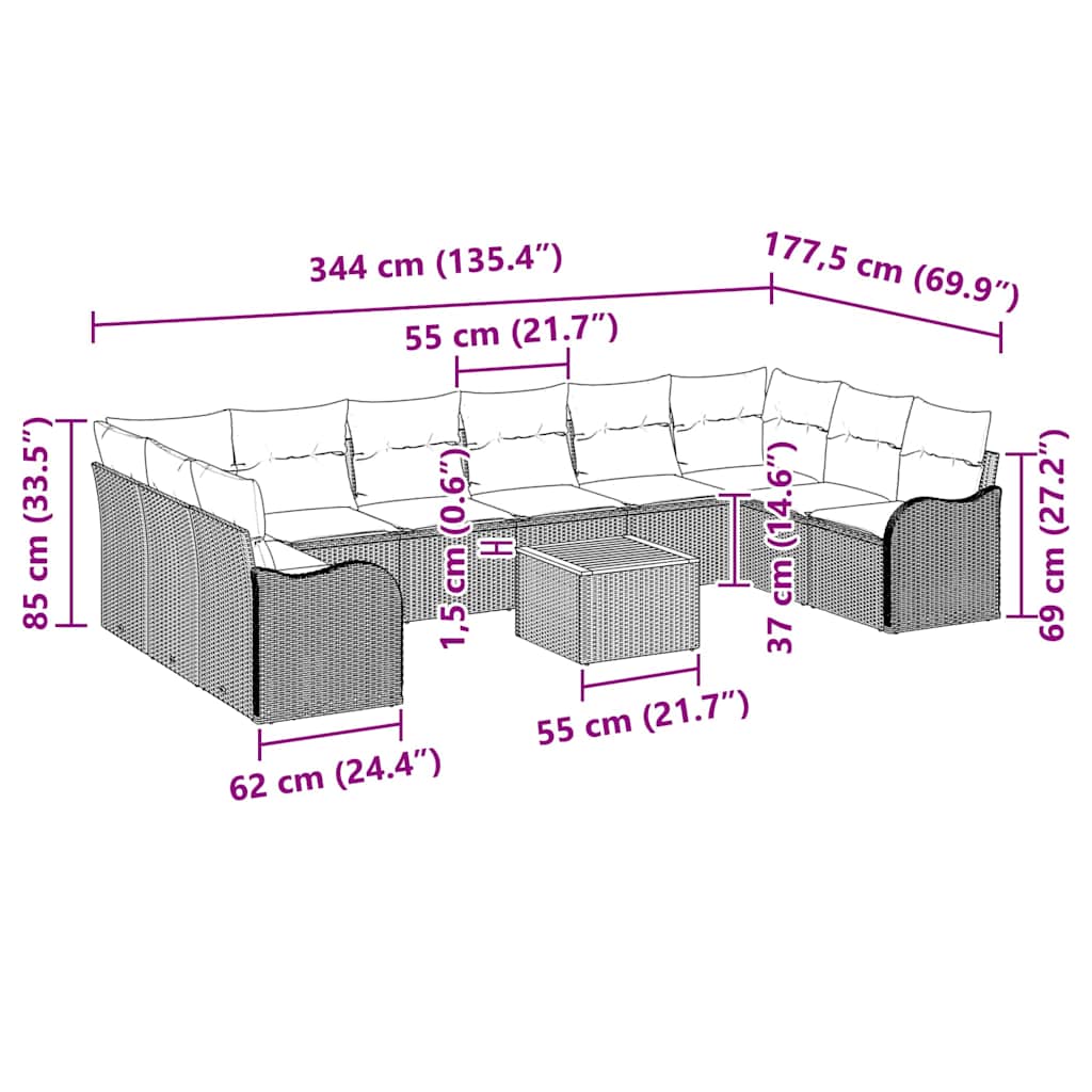 Garten-Sofa-Set 11 pcs Schwarz Poly Rattan