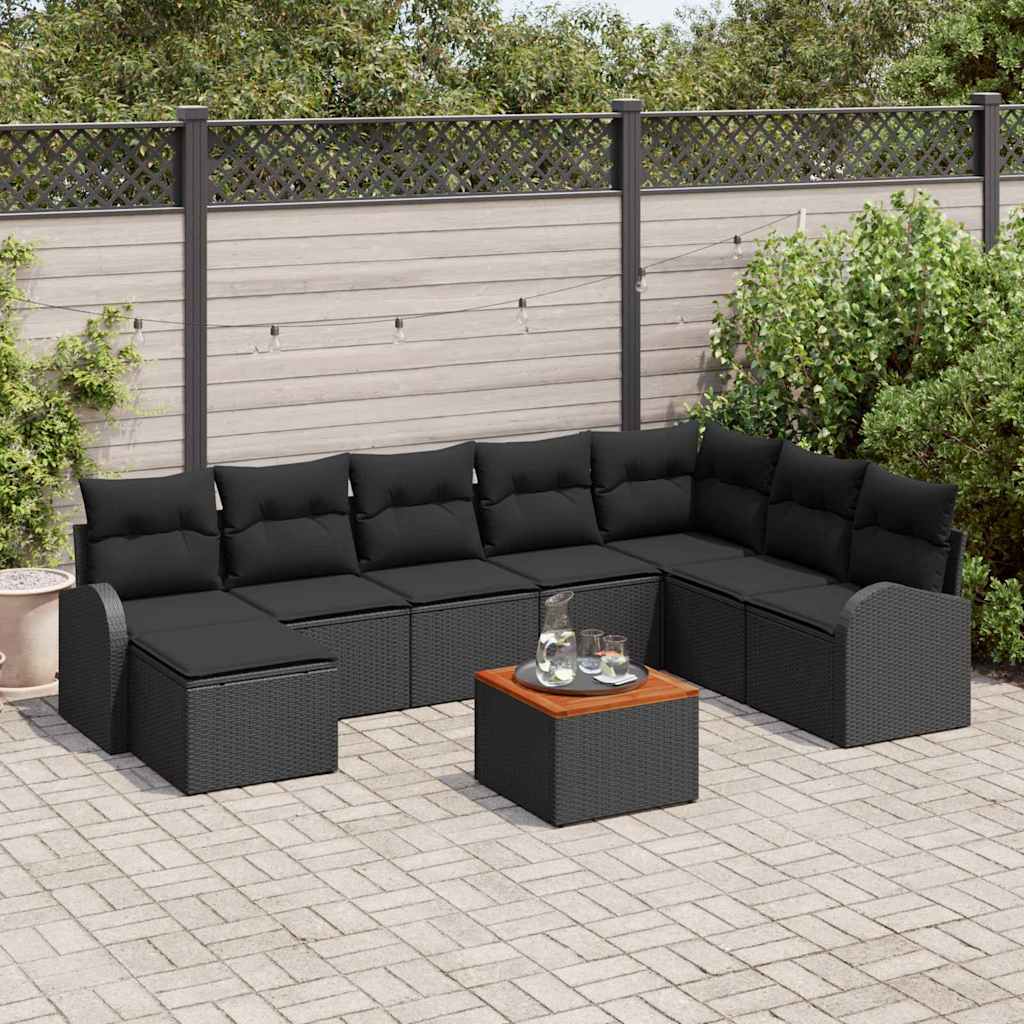Garten-Sofa-Set mit Kissen 9 pcs Schwarz Poly Rattan
