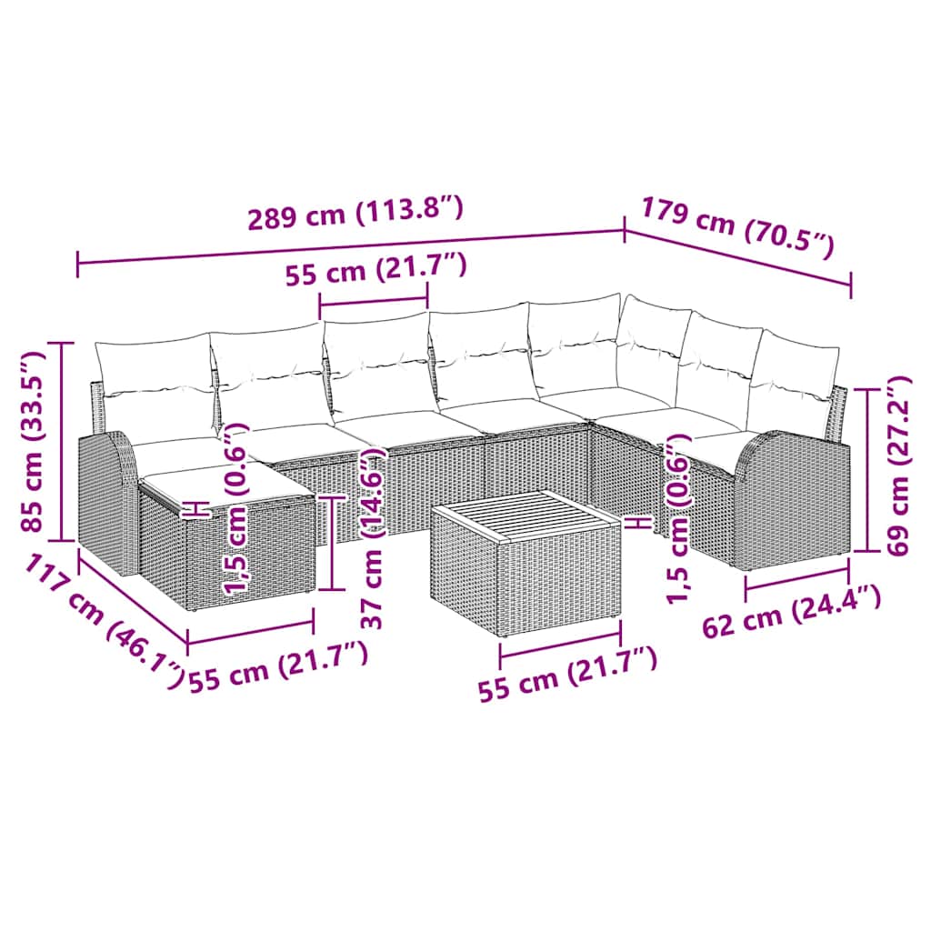Garten-Sofa-Set mit Kissen 9 pcs Schwarz Poly Rattan