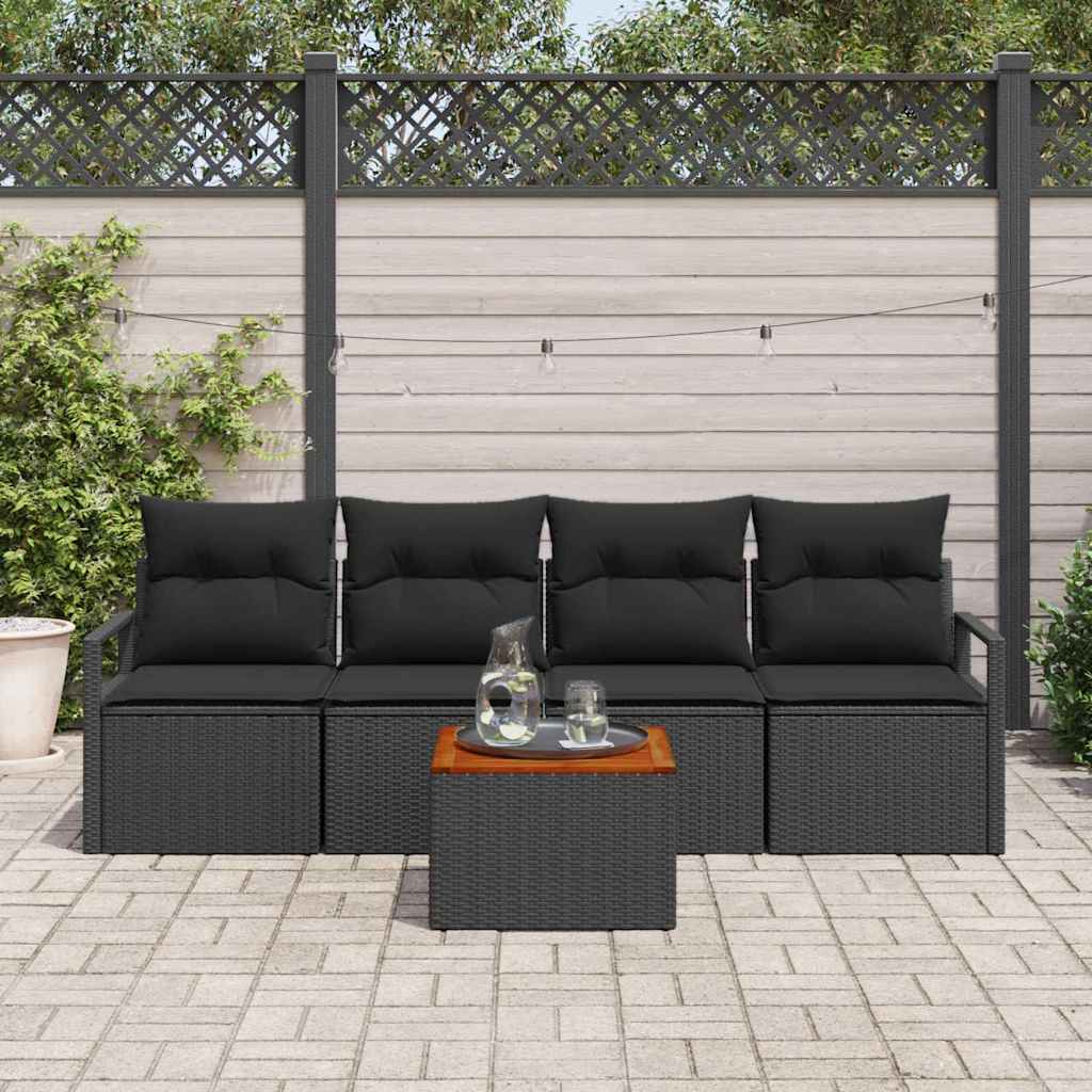 Garten-Sofa-Set mit Kissen 5 pcs Schwarz Poly Rattan