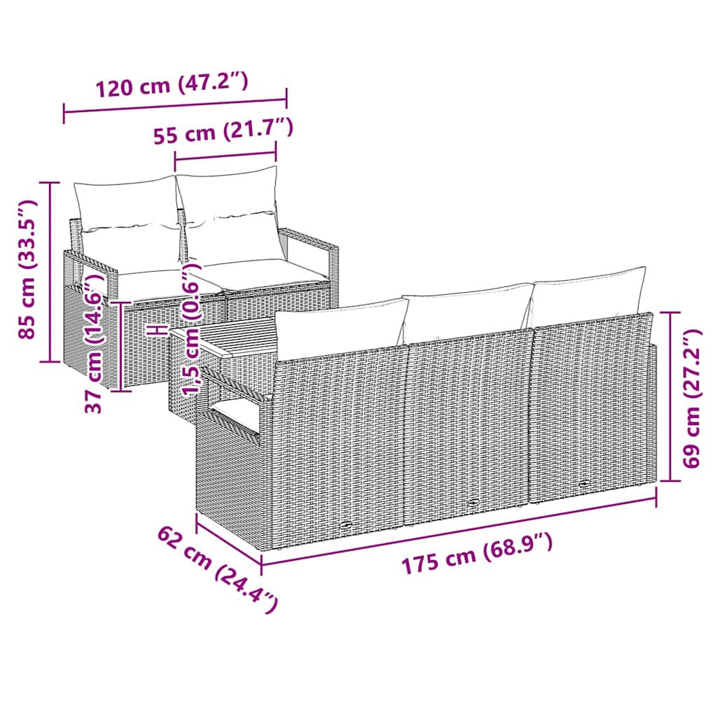 Garten-Sofa-Set mit Kissen 6 pcs Schwarz Poly Rattan