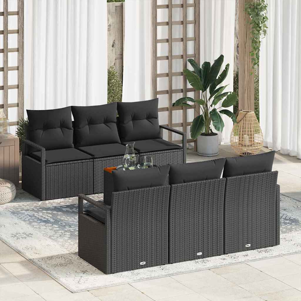 Garten-Sofa-Set mit Kissen 7 pcs Schwarz Poly Rattan