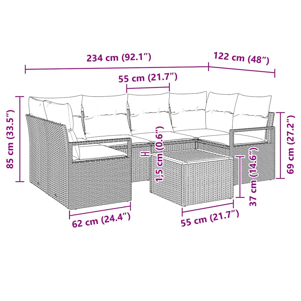 Garten-Sofa-Set mit Kissen 7 pcs Schwarz Poly Rattan