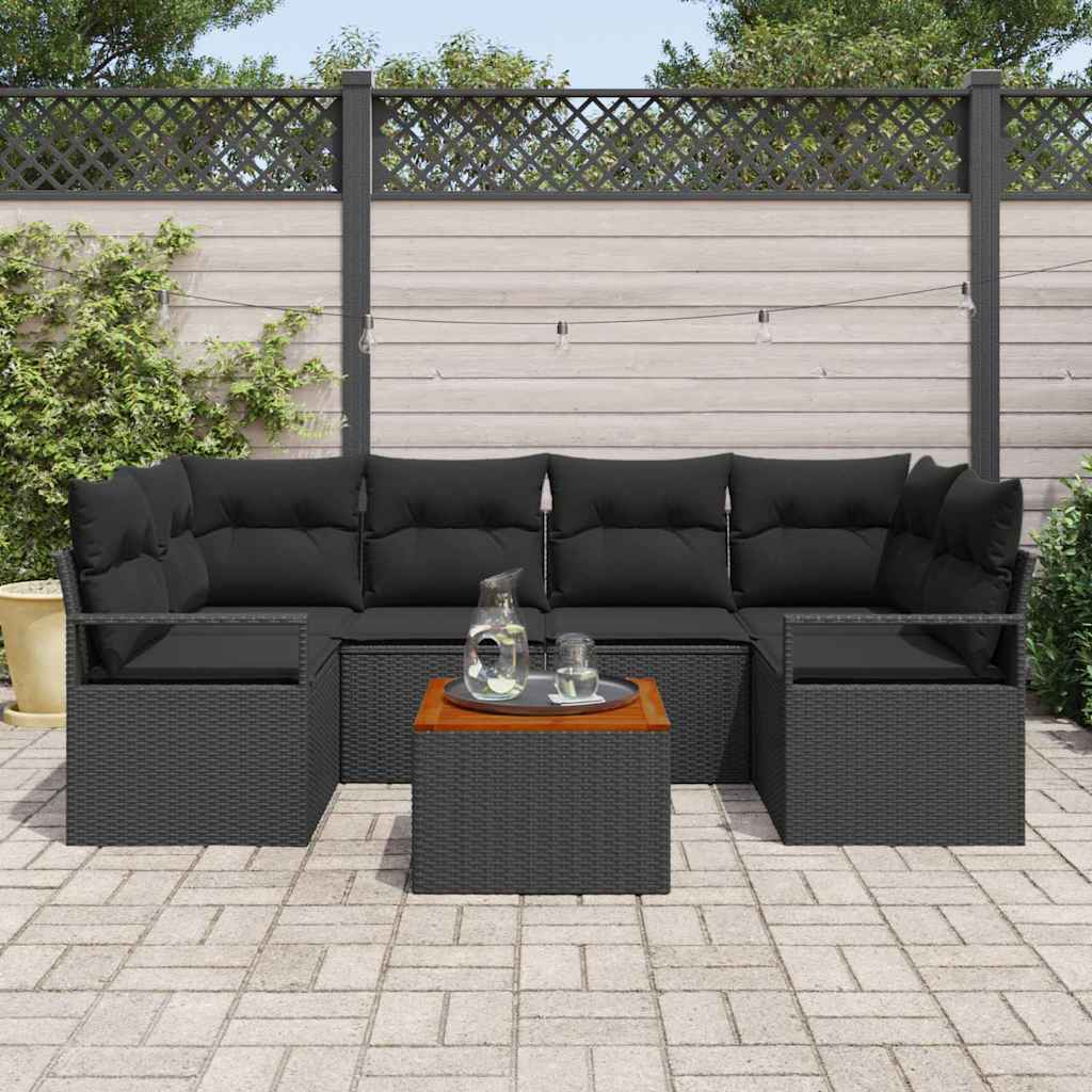 Garten-Sofa-Set mit Kissen 7 pcs Schwarz Poly Rattan